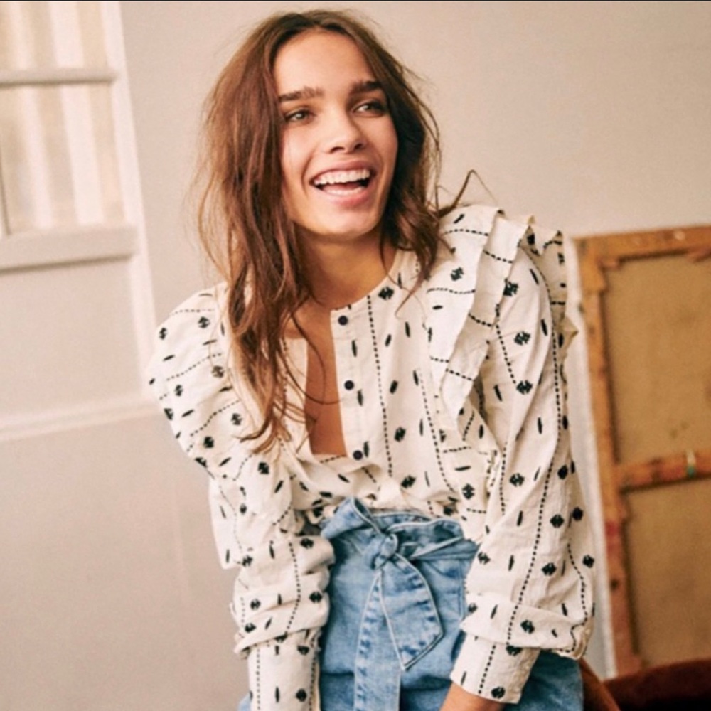 Sezane White and Black Ruffle Shirt